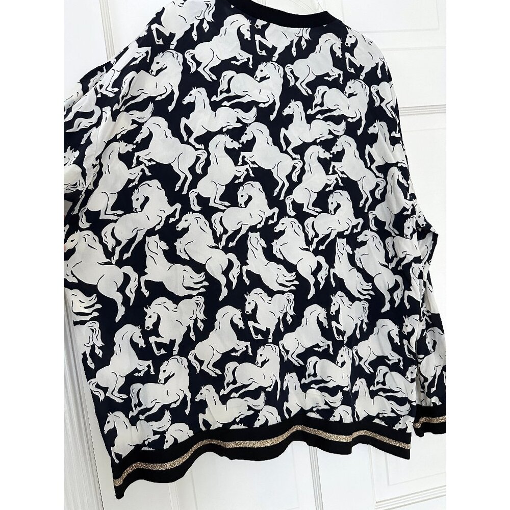 Stella McCartney Ines Running Horses Print Silk Top Shirt Black White IT 38 - Picture 9 of 10